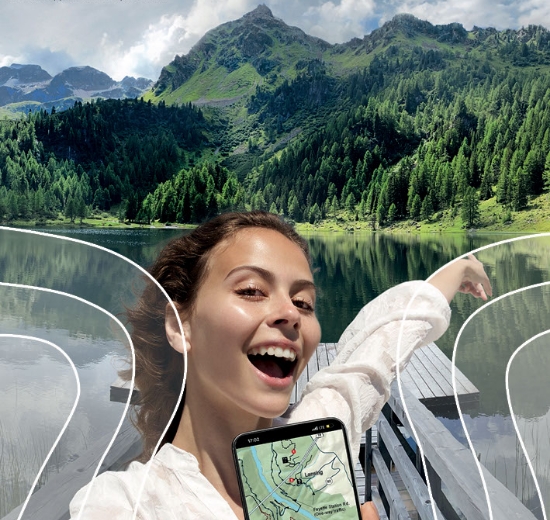 Blick auf Smartphone, in den Zwischenbereich und in die Ferne mit angedeuteten Sehbereichen eines Gleitsichtglases.